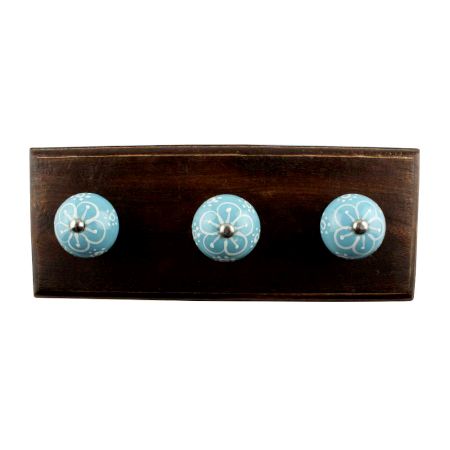 Turquoise Floral Ceramic Wooden Hook